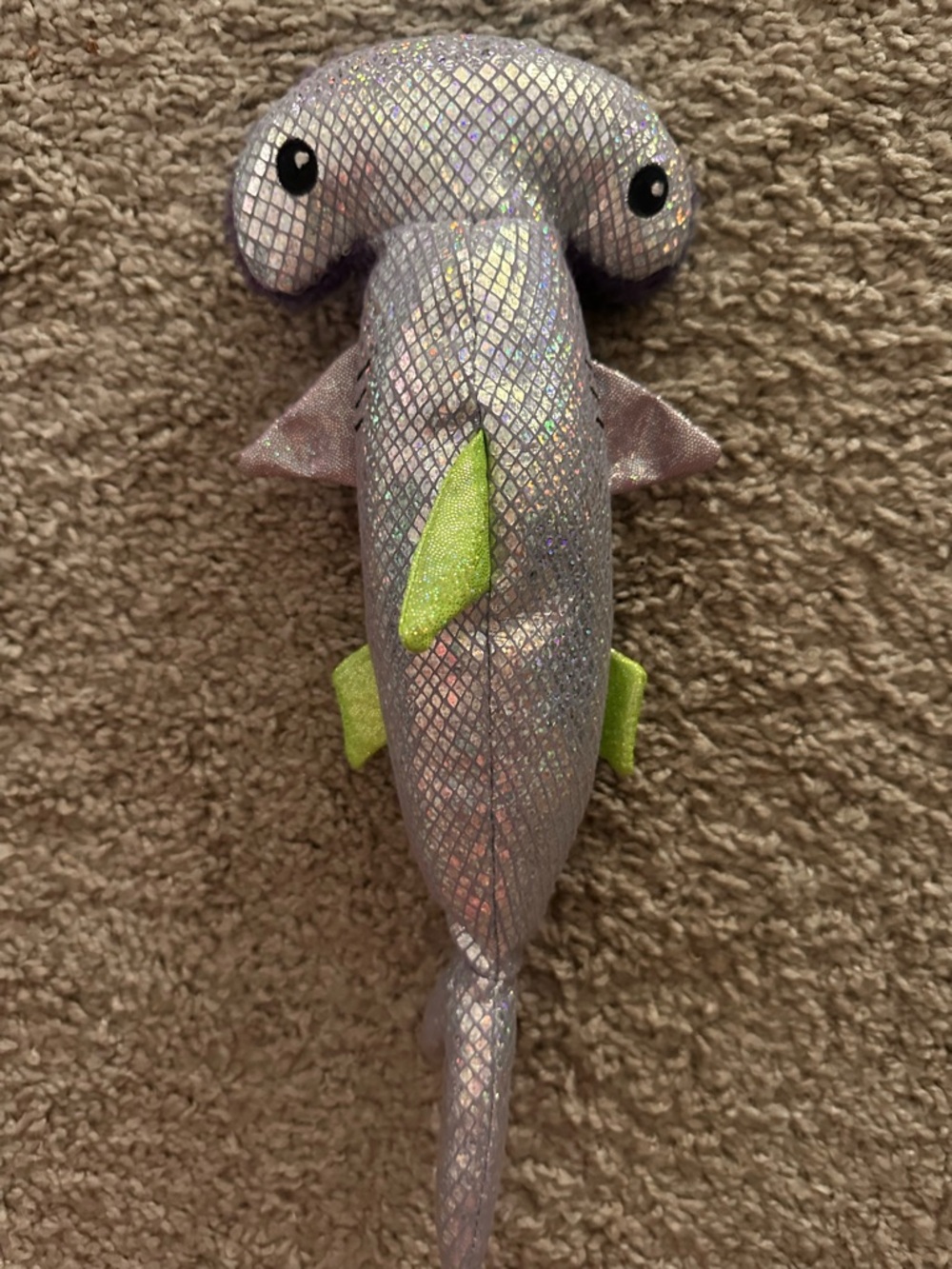 Plush Hammerhead Cat Toy - Iridescent Purple with Green Fins - Picture 5 of 5